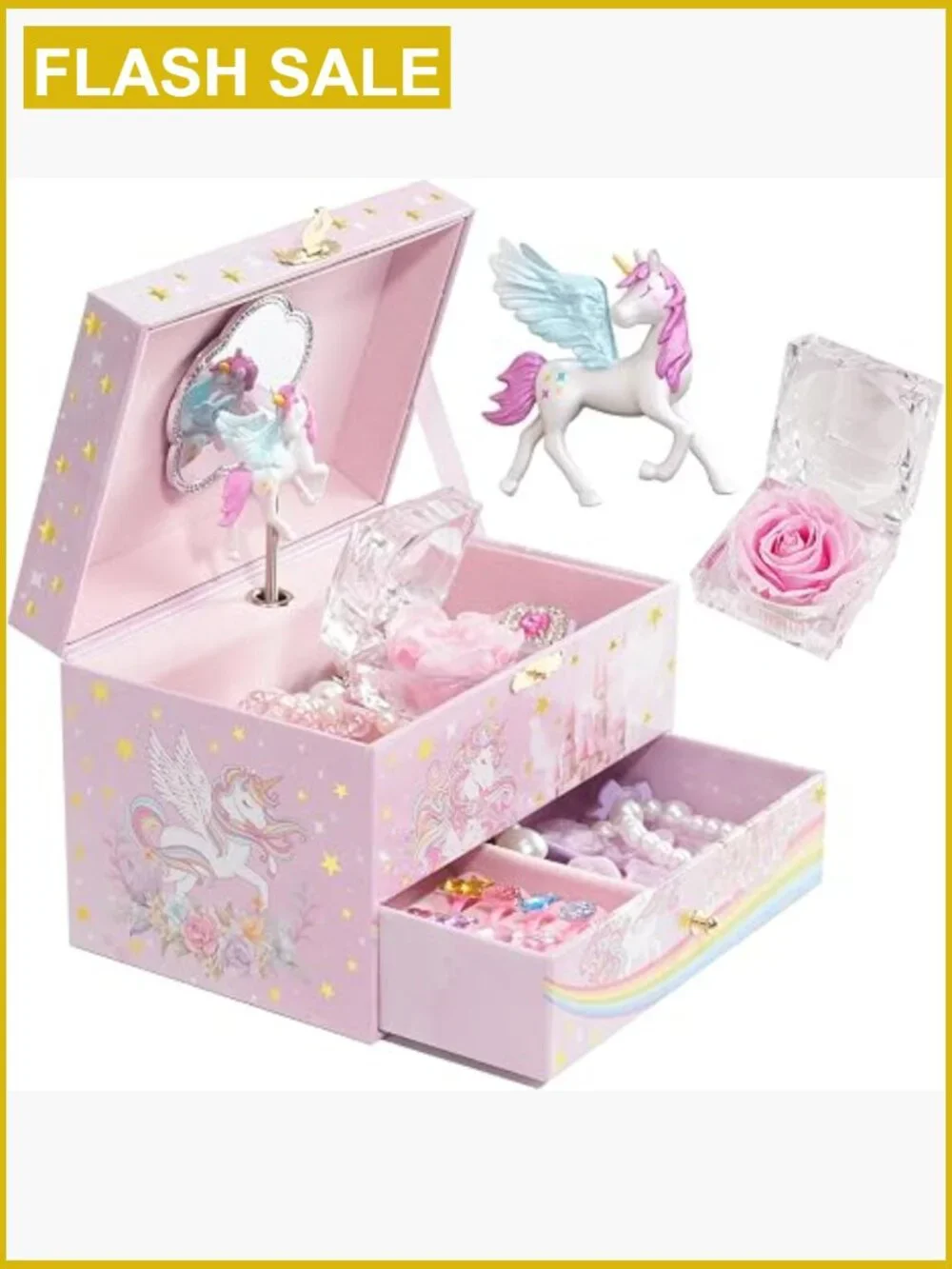 Kids Jewelry Box with Melody & Unicorn Decor, Storage Organizer for Little Girls